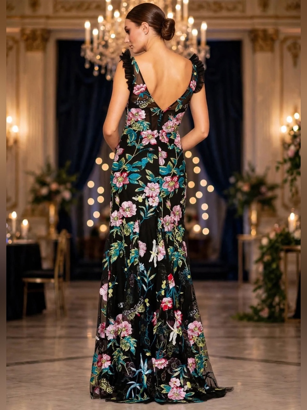 Mac Duggal Black Floral V-Neck Evening Gown with flutter sleeves size 6. NWT - Picture 5 of 15